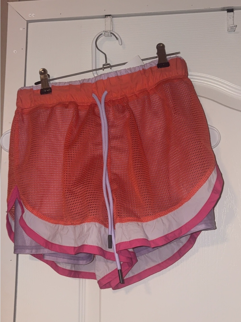 Women's Mesh Layered Running Shorts in Coral and Pink